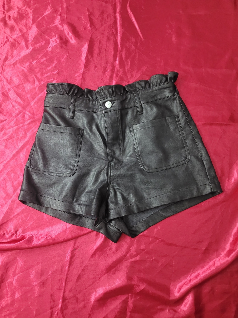 Francesca's Collections Black Faux Leather High-Waist Paperbag Shorts